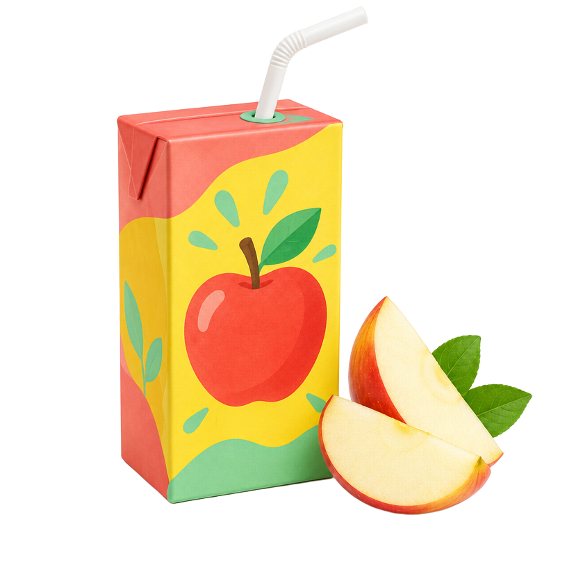 A cheerful apple juice box with a straw and fresh apple slices
